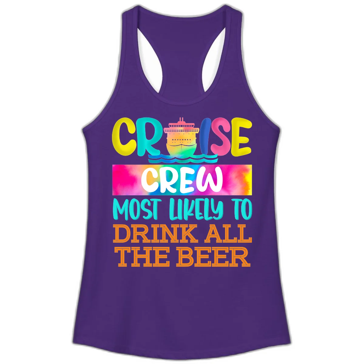 Cruise Crew Most Likely to Drink All Beer Ladies Tank in Solid Purple Rush