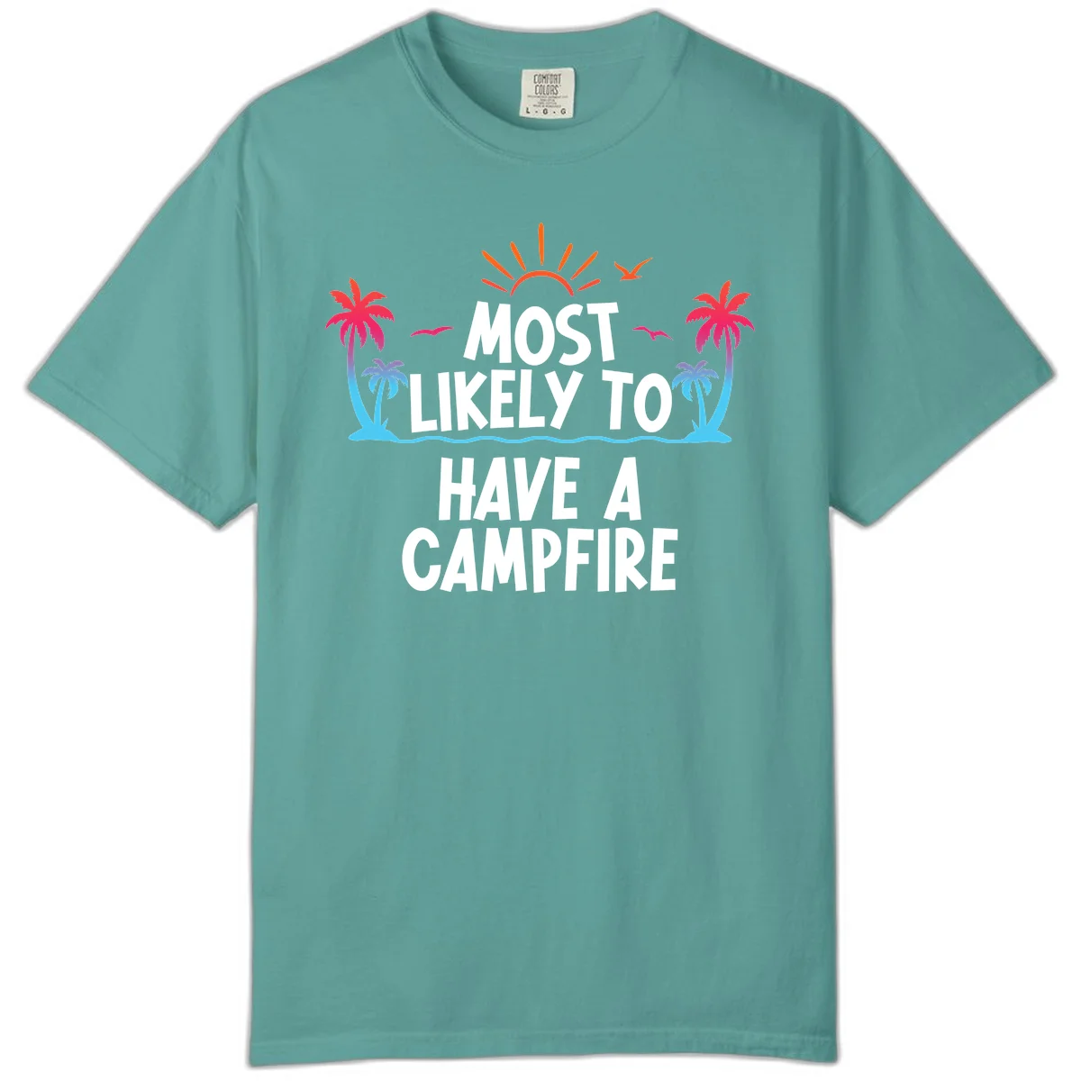 Most Likely To Have A Campfire Comfort Color Tee in Seafoam