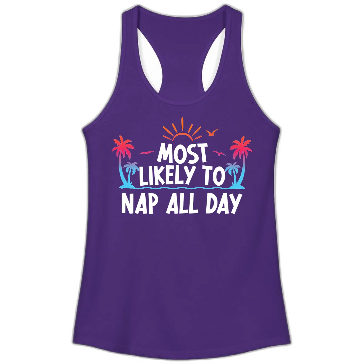 Most Likely To Nap All Day Ladies Tank Top in Solid Purple Rush