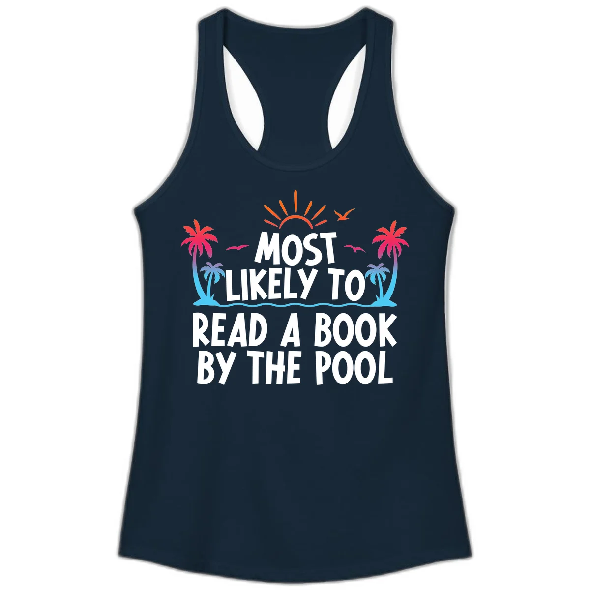 Most Likely To Read A Book By The Pool Ladies Tank in Solid Midnight Navy