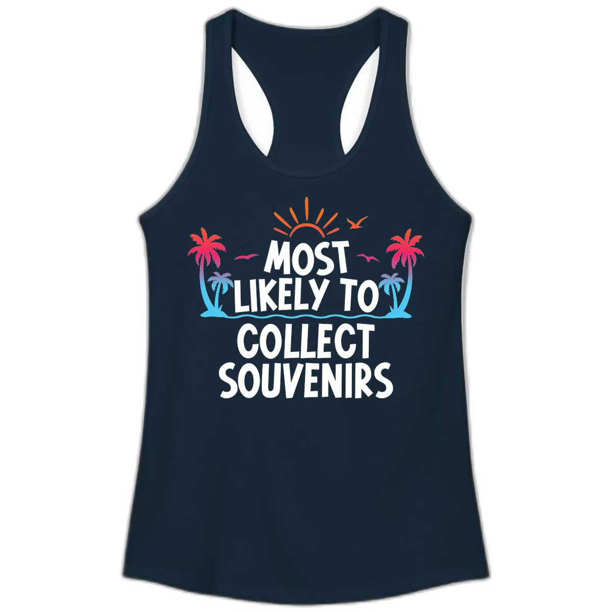 Most Likely To Collect Souvenirs Ladies Tank in Solid Midnight Navy