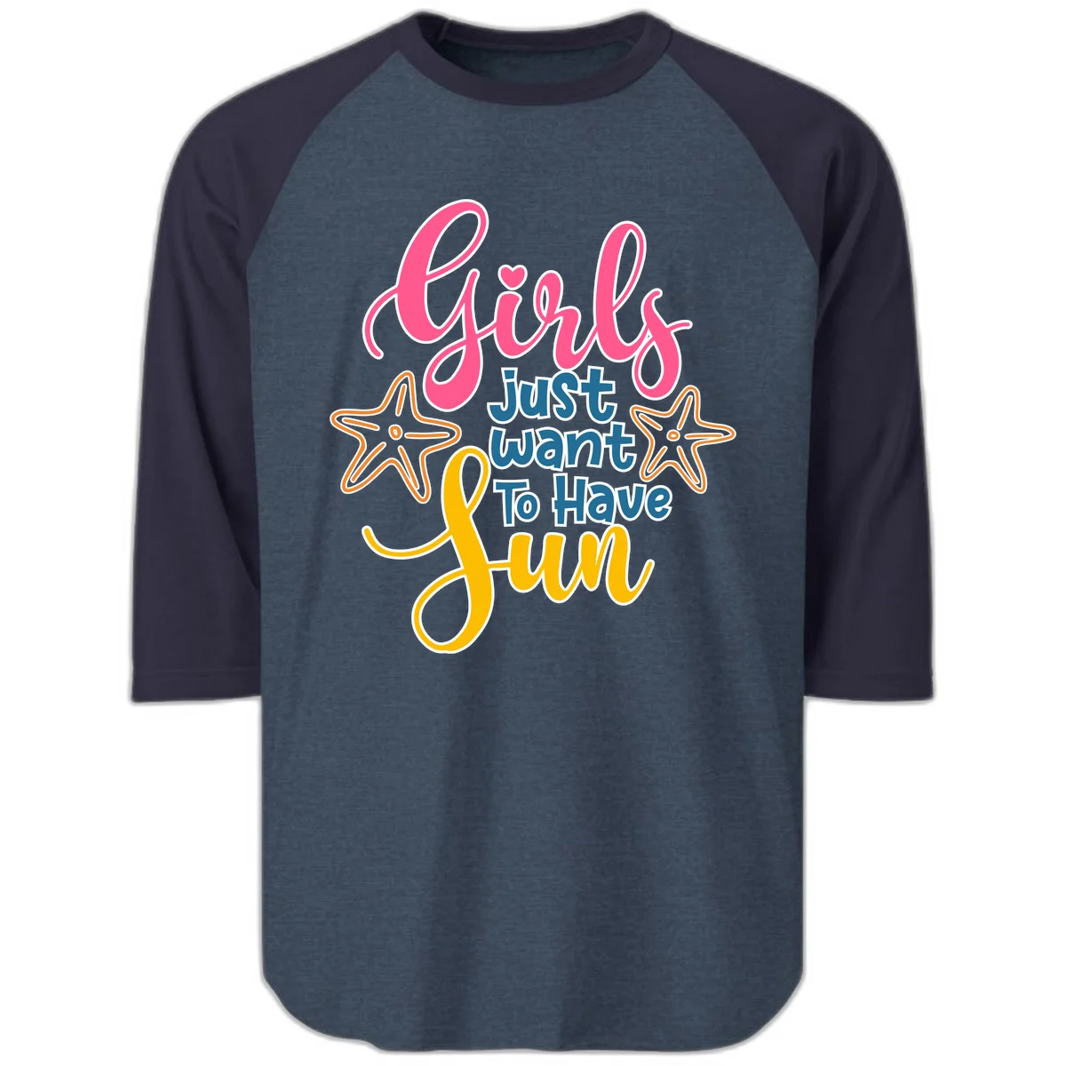 Girls Just Want To Have Fun Cruise Raglan 3/4 Tee in Heather Denim Navy