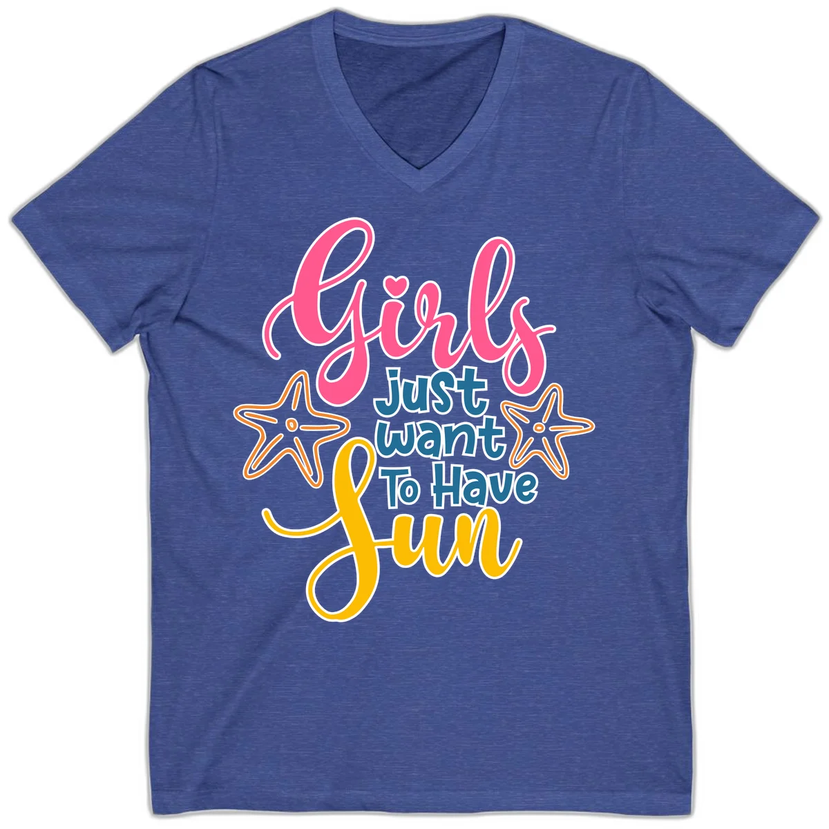 Girls Just Want To Have Fun Cruise V-Neck Tee in Heather True Royal