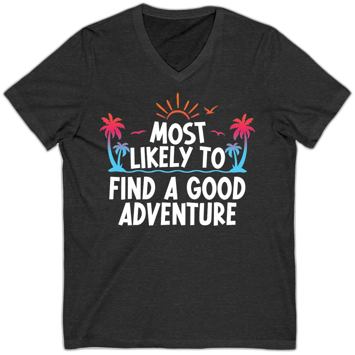 Most Likely To Find A Good Adventure V-Neck Tee in Dark Grey Heather