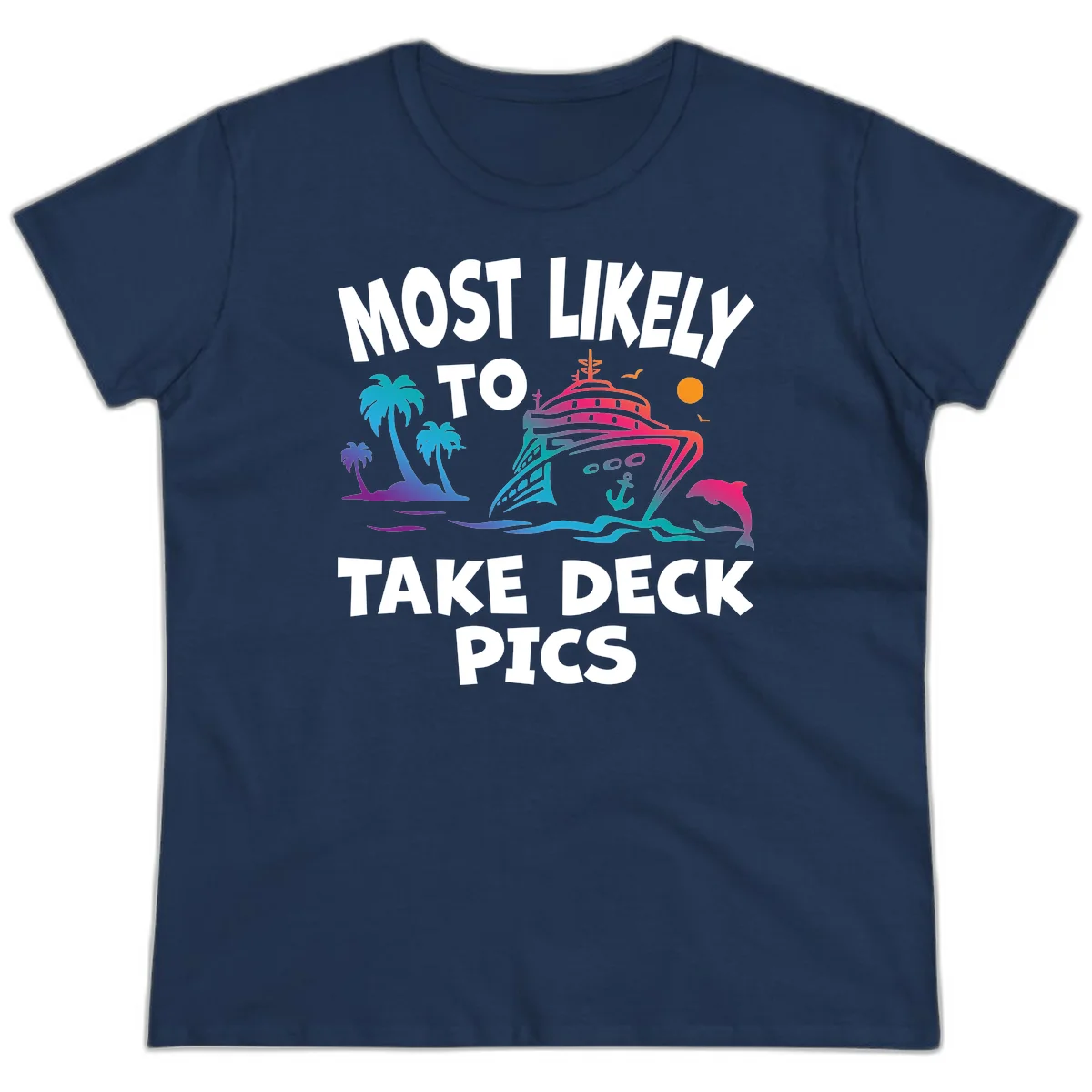 Most Likely To Take Deck Pics Ladies Tee in Navy