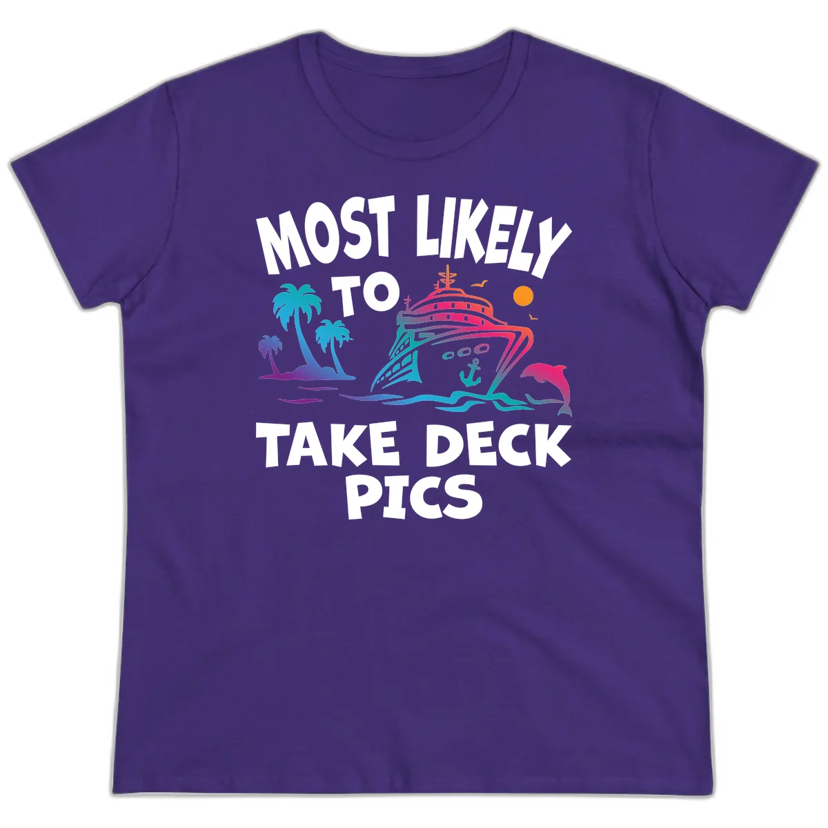 Most Likely To Take Deck Pics Ladies Tee in Purple