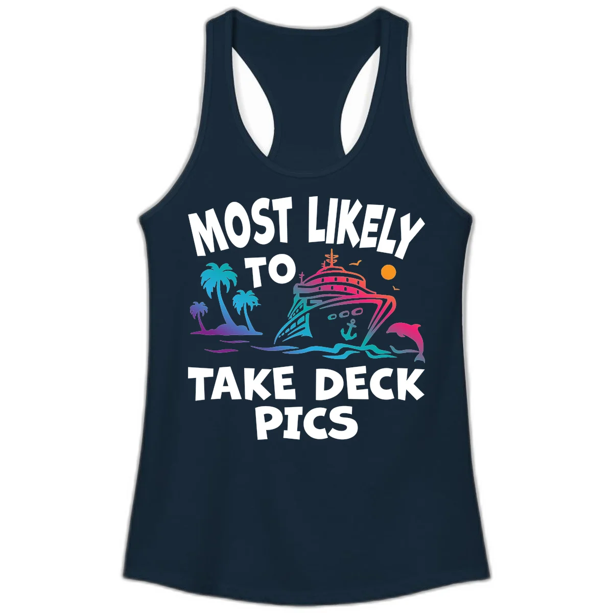 Most Likely To Take Deck Pics Ladies Tank in Solid Midnight Navy