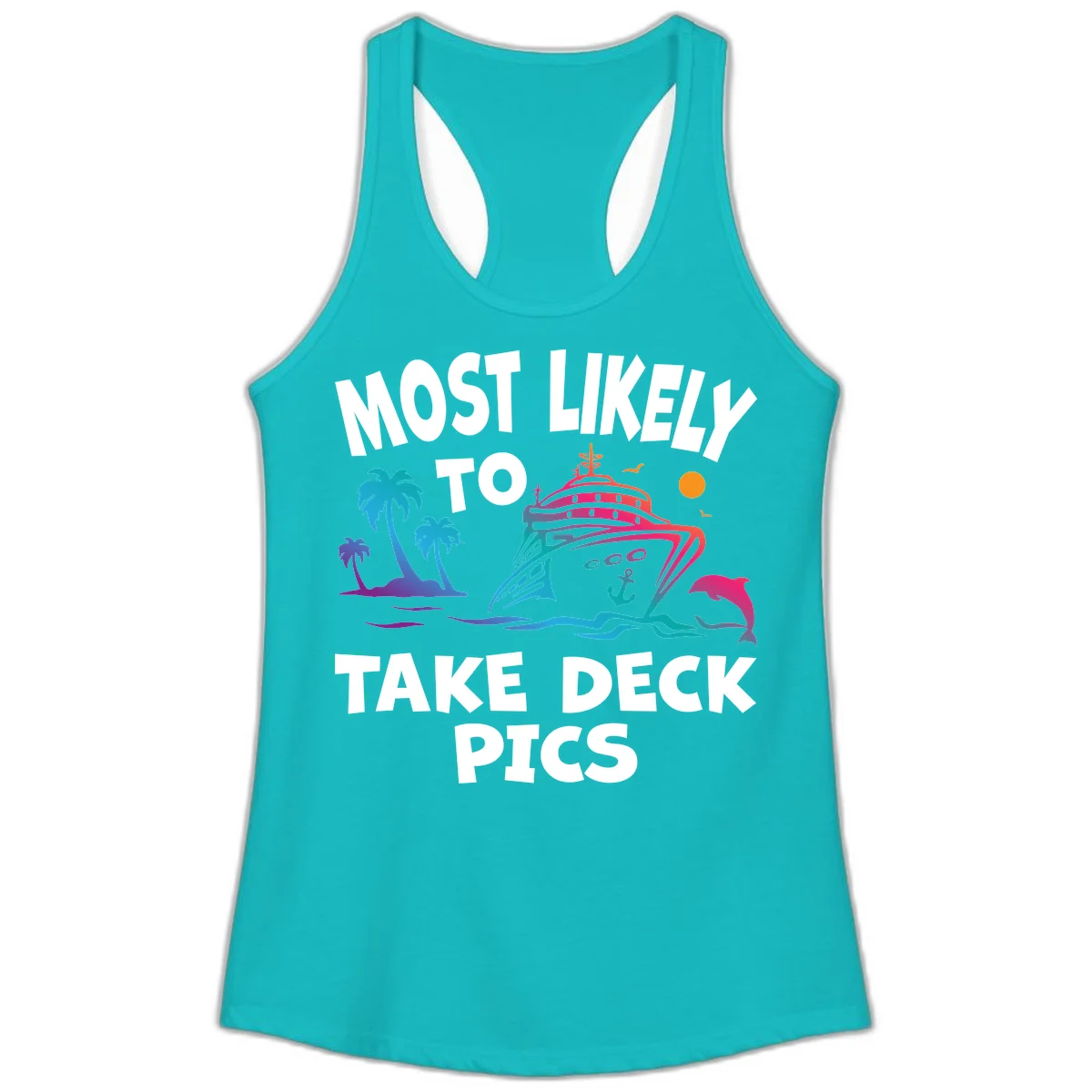 Most Likely To Take Deck Pics Ladies Tank in Tahiti Blue