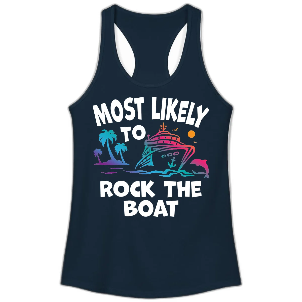 Most Likely To Rock The Boat Ladies Tank in Solid Midnight Navy