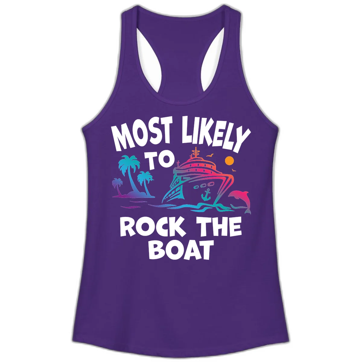 Most Likely To Rock The Boat Ladies Tank in Solid Purple Rush