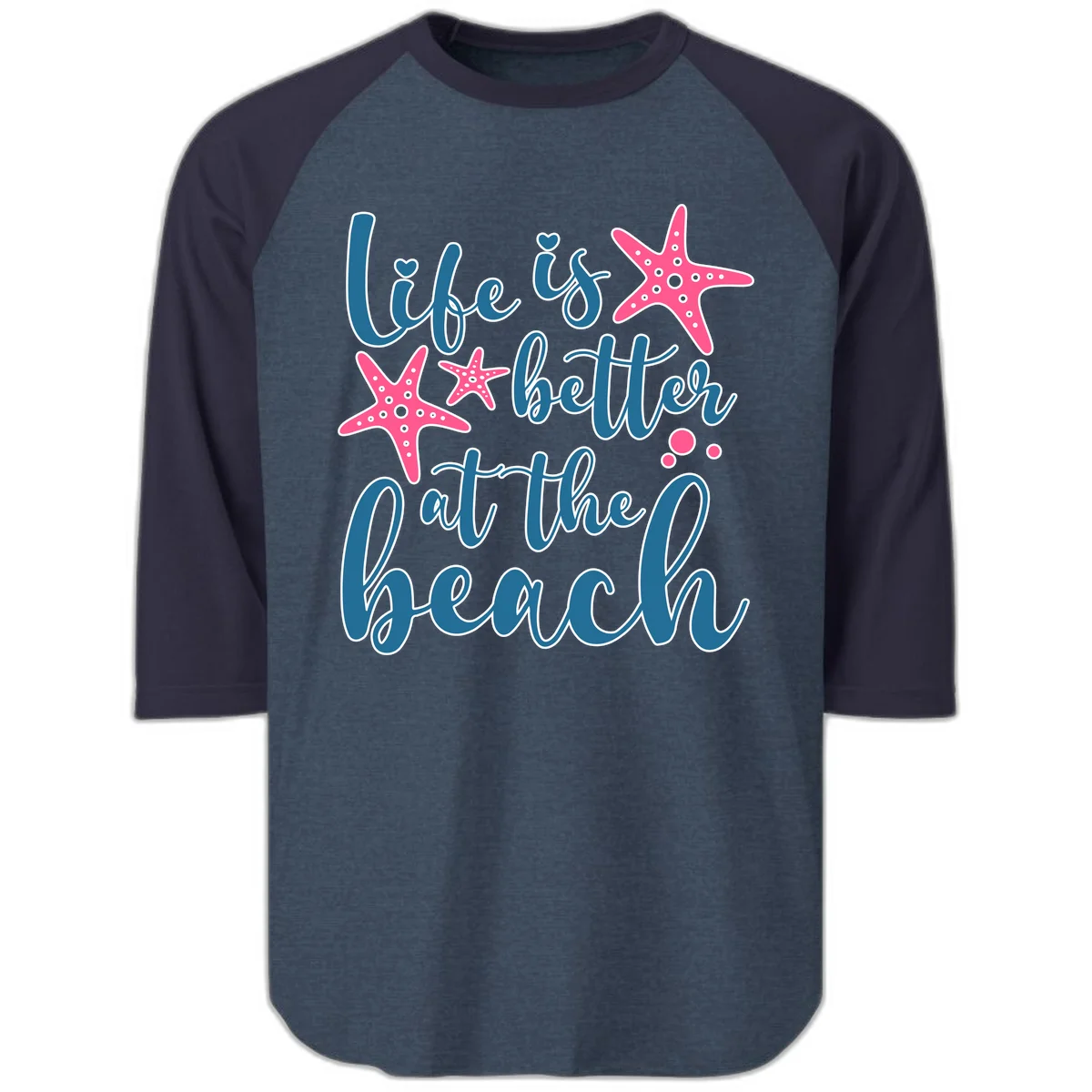 Life Is Better At The Beach Raglan 3/4 in Heather Denim Navy