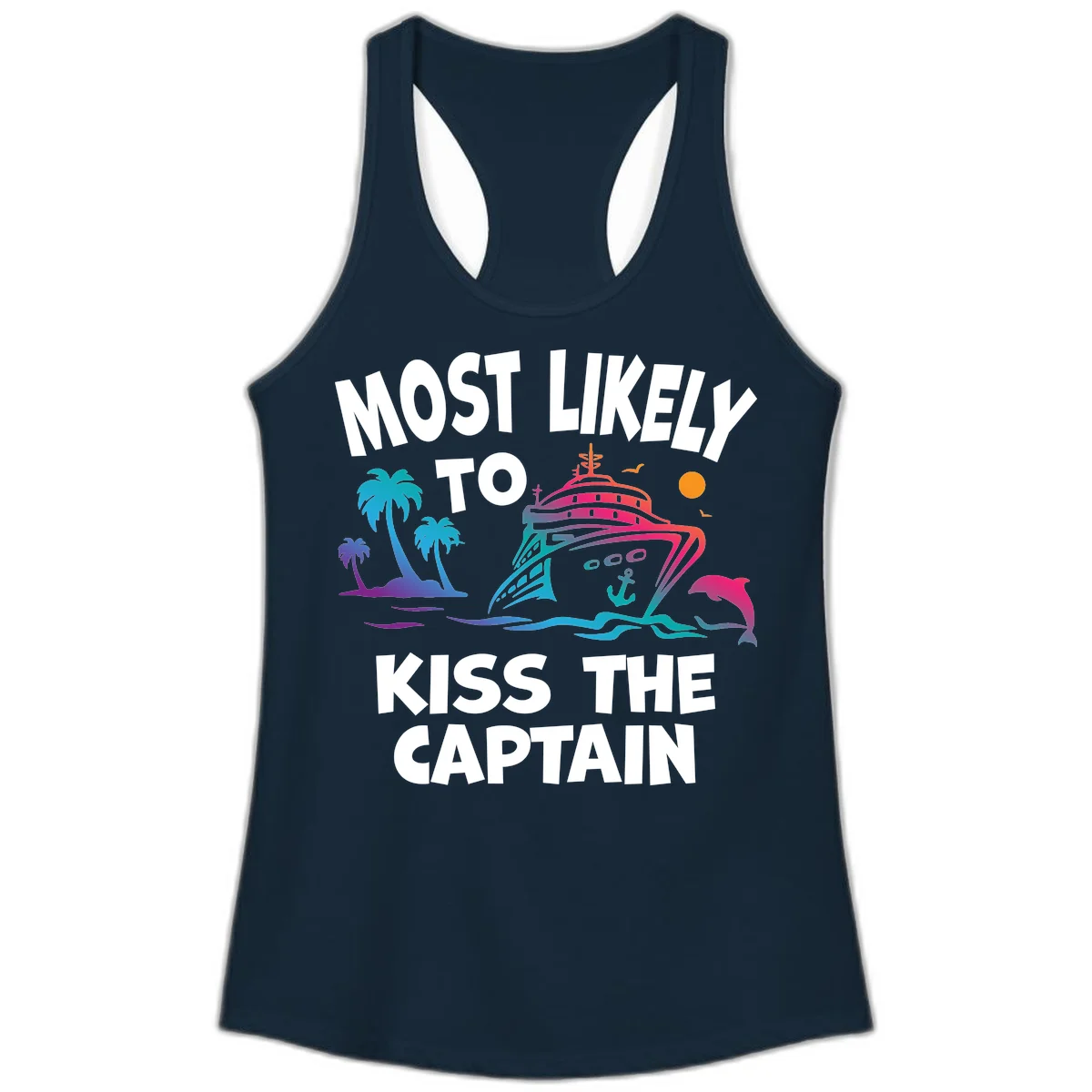 Most Likely To Kiss The Captain Ladies Tank in Solid Midnight Navy