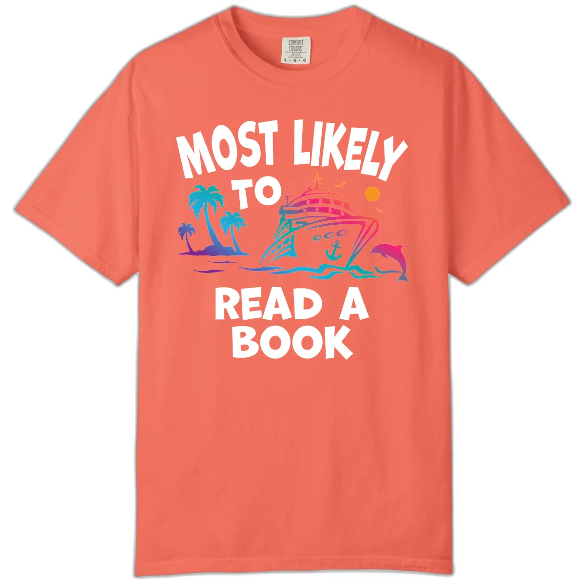 Most Likely To Read A Book Cruise Comfort Color Tee in Bright Salmon