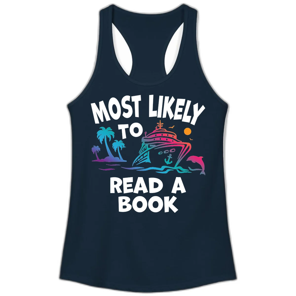 Most Likely To Read A Book Cruise Ladies Tank in Solid Midnight Navy