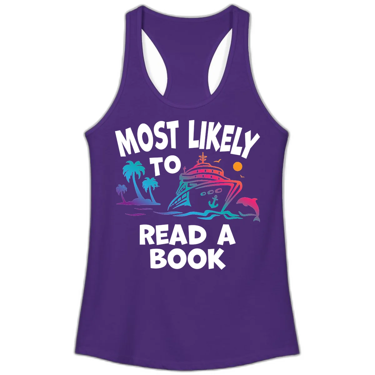 Most Likely To Read A Book Cruise Ladies Tank in Solid Purple Rush