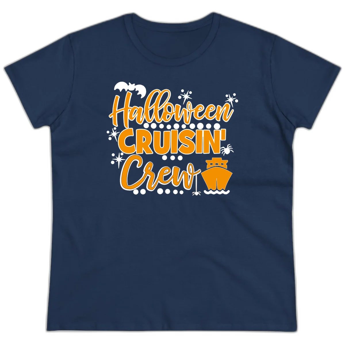 Halloween Cruisin' Crew Ladies Tee for Spooky Trips in Navy