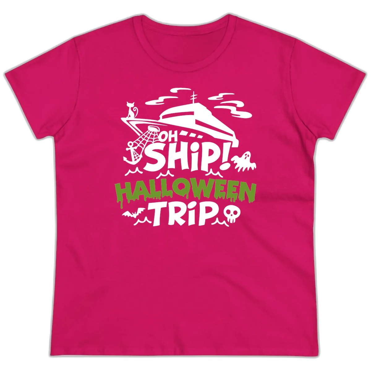 Oh Ship Halloween Trip Ladies Tee in Heliconia