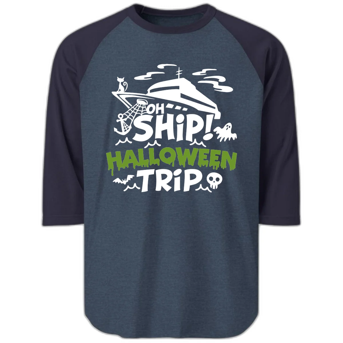 Oh Ship Halloween Trip Raglan 3/4 in Heather Denim Navy