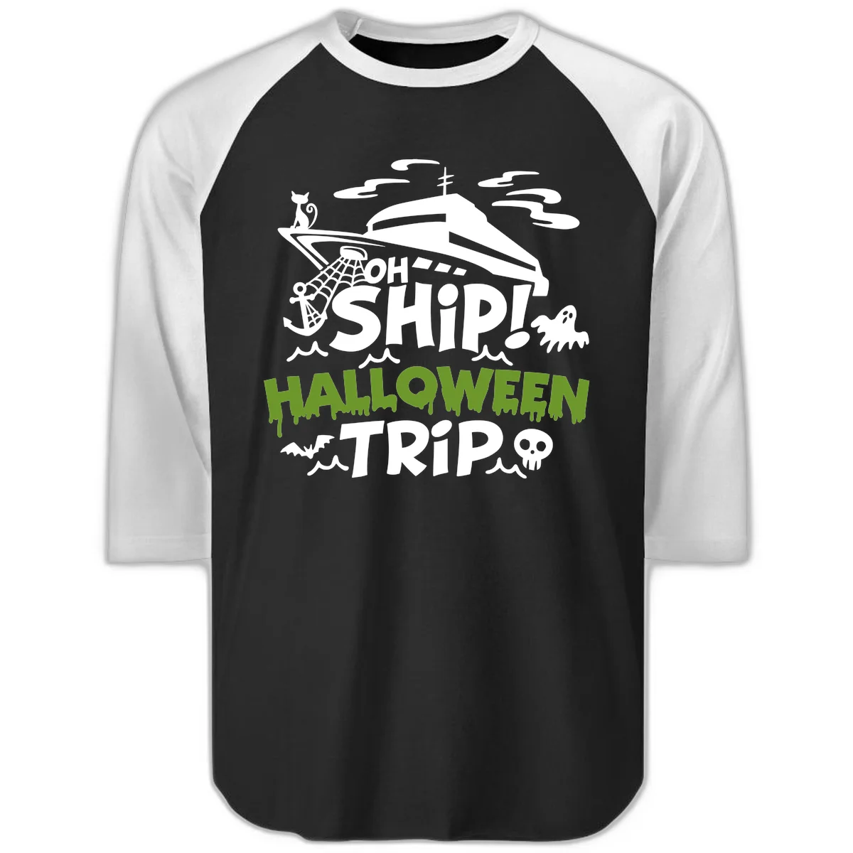 Oh Ship Halloween Trip Raglan 3/4 in Black White