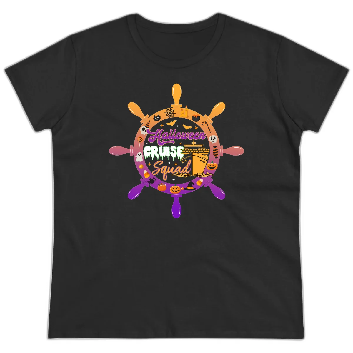 Halloween Cruise Squad Ship Wheel Ladies Tee in Black