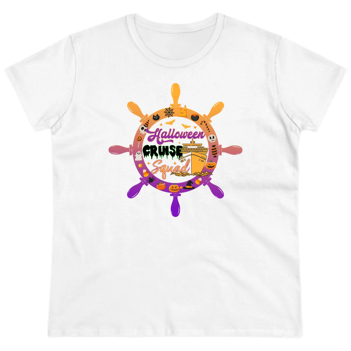 Halloween Cruise Squad Ship Wheel Ladies Tee in White