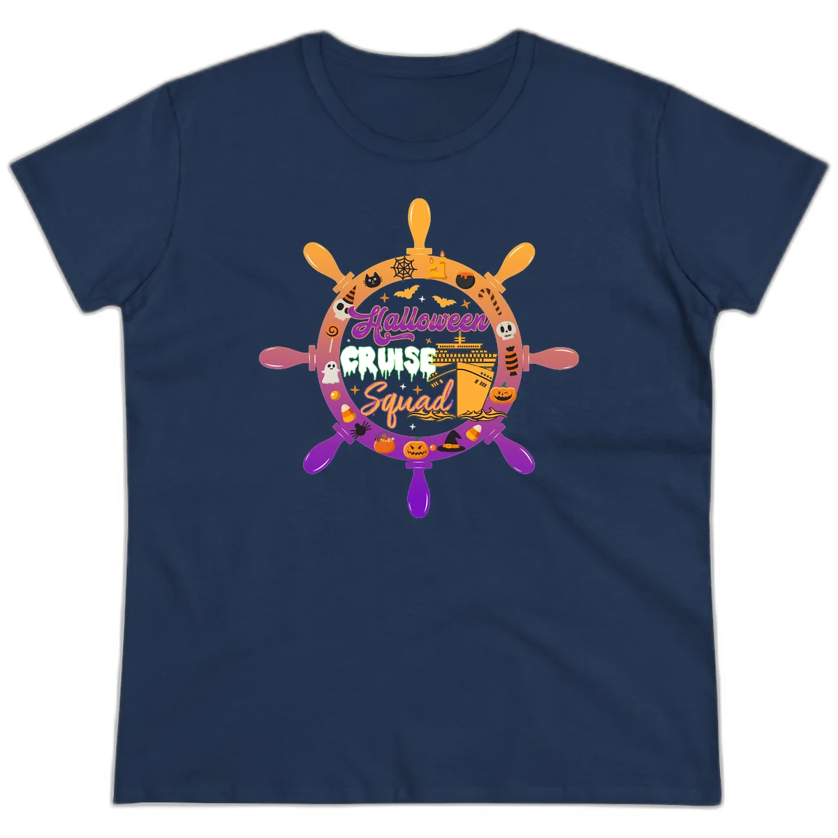 Halloween Cruise Squad Ship Wheel Ladies Tee in Navy