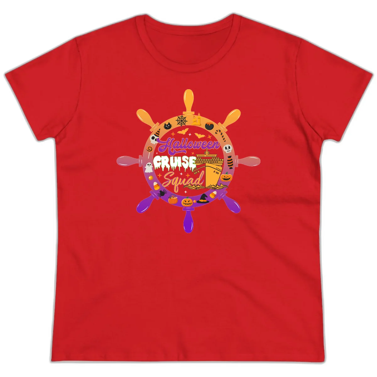 Halloween Cruise Squad Ship Wheel Ladies Tee in Red