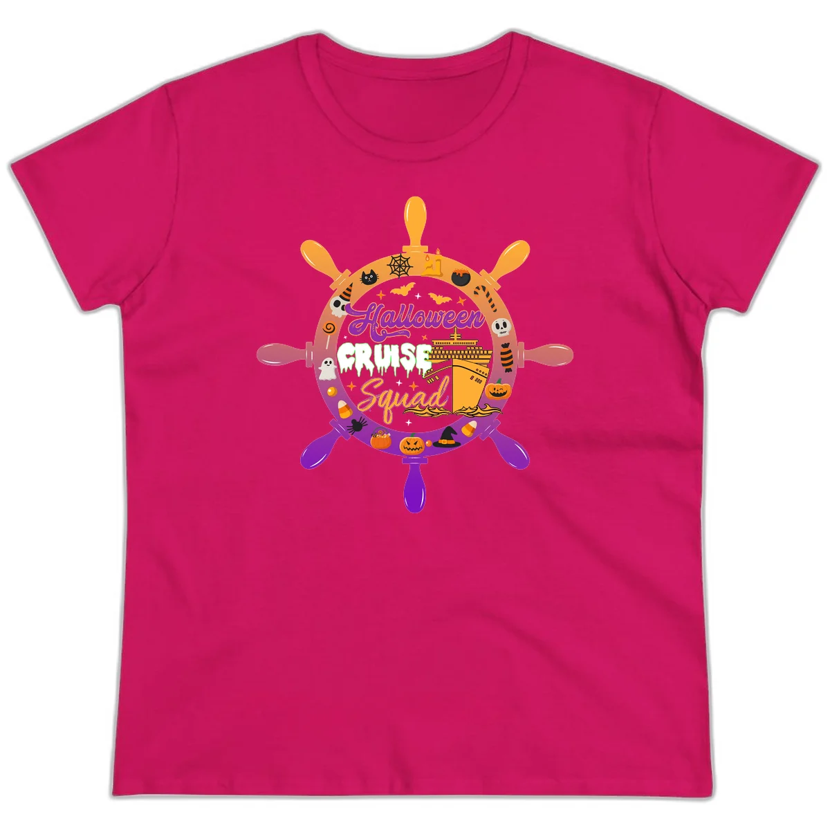 Halloween Cruise Squad Ship Wheel Ladies Tee in Heliconia