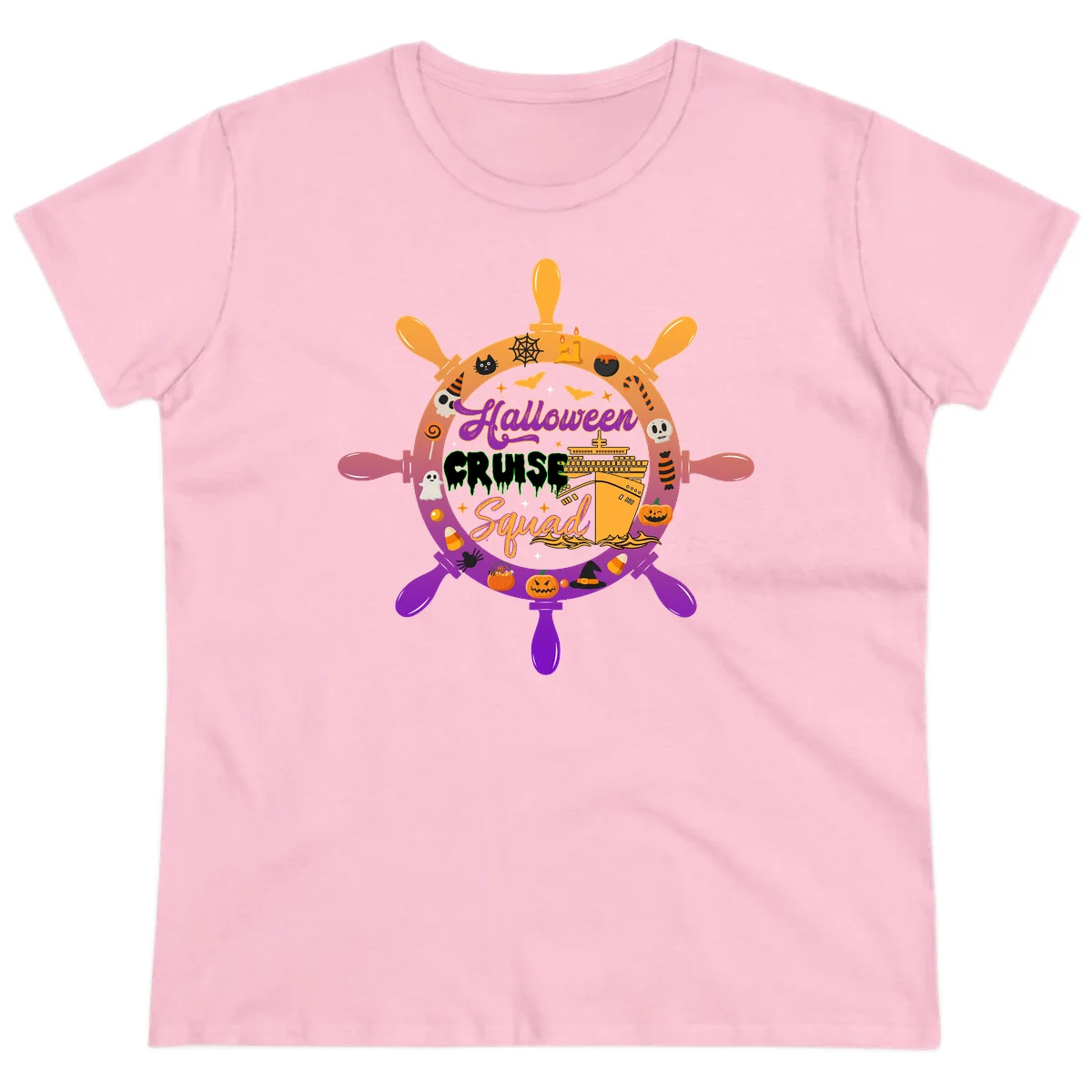 Halloween Cruise Squad Ship Wheel Ladies Tee in Light Pink