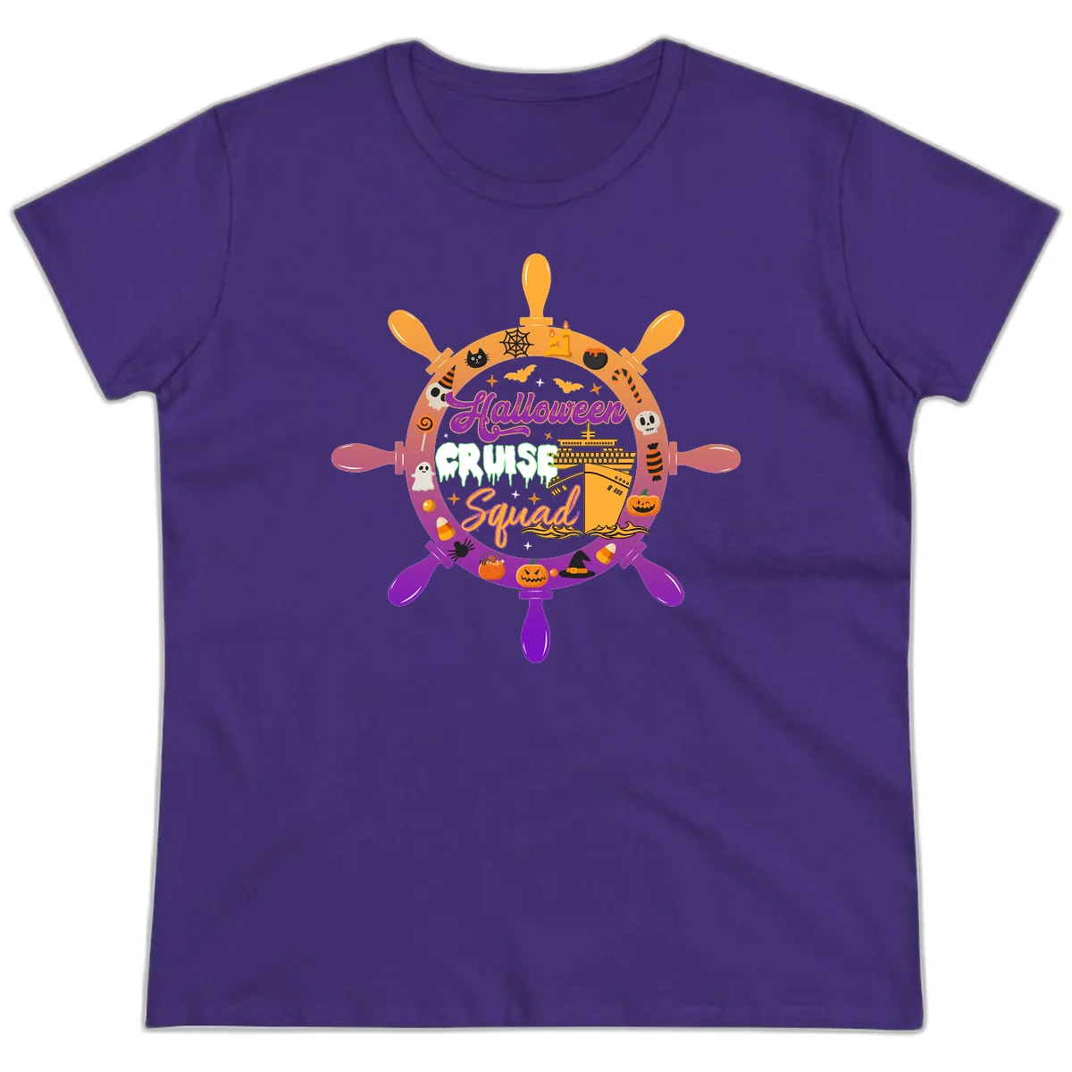 Halloween Cruise Squad Ship Wheel Ladies Tee in Purple