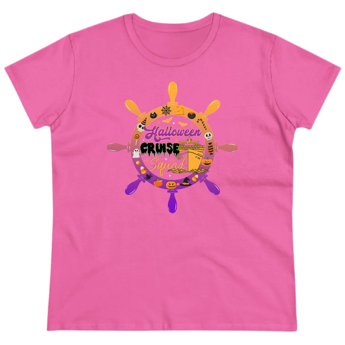 Halloween Cruise Squad Ship Wheel Ladies Tee in Azalea