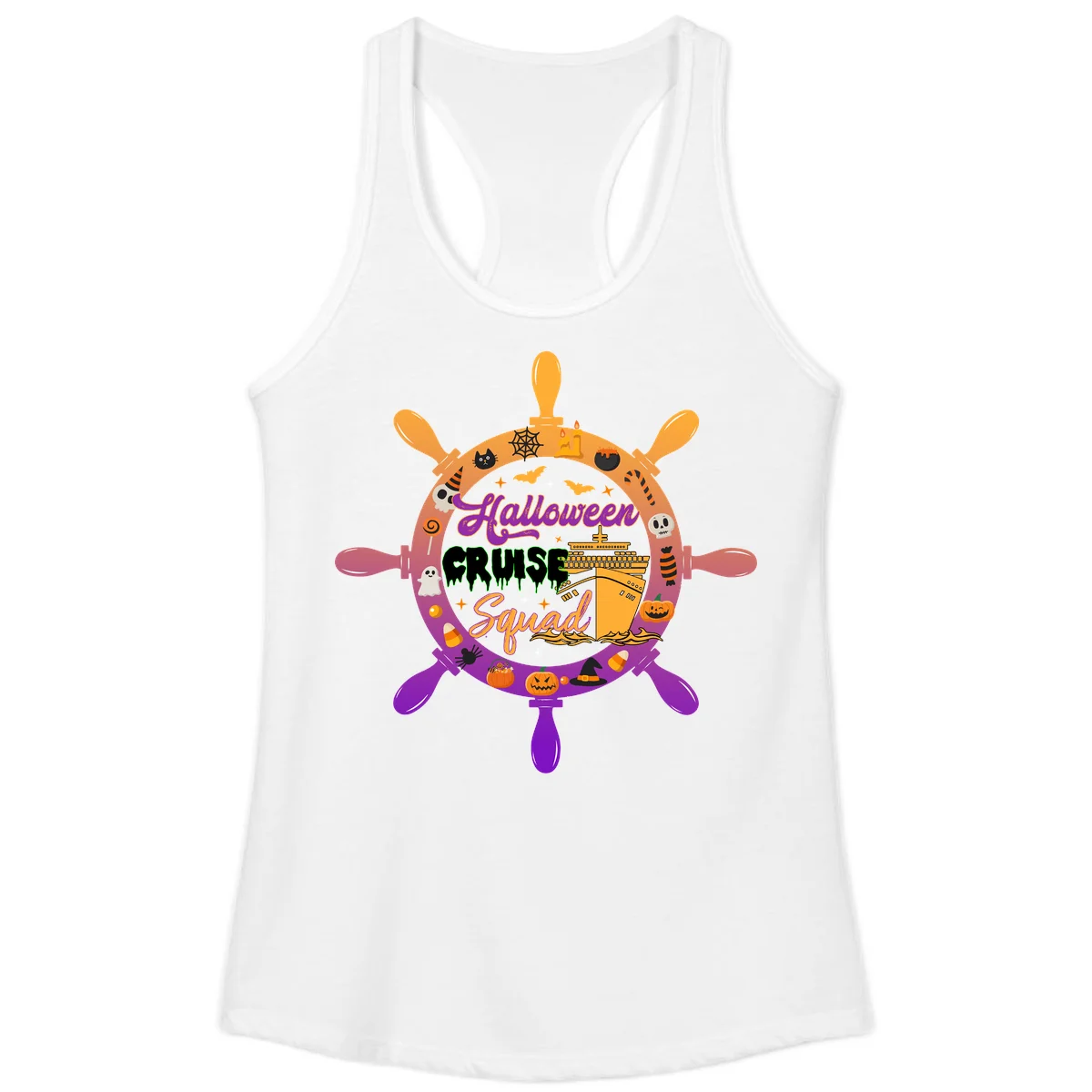 Halloween Cruise Squad Ship Wheel Ladies Tank in White