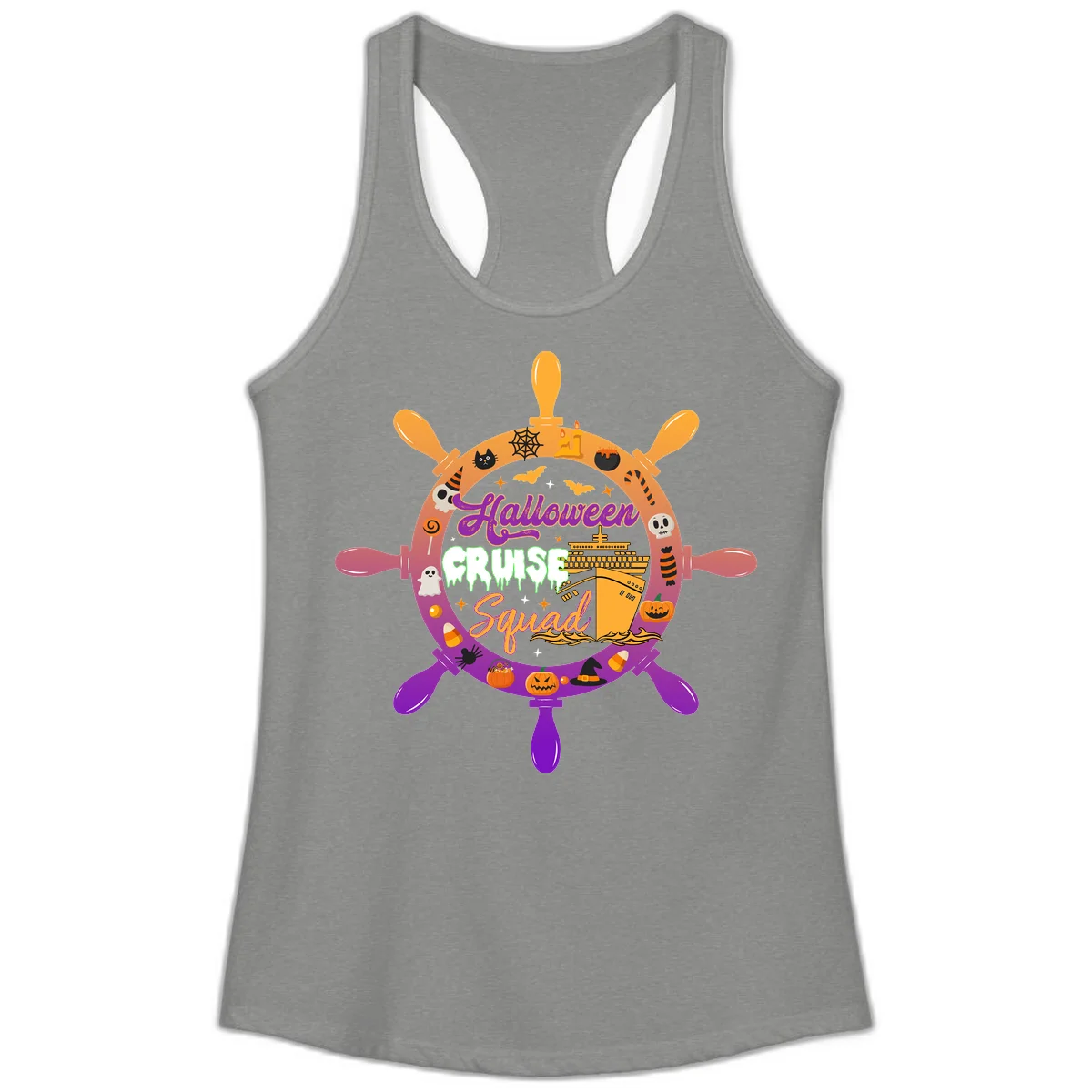 Halloween Cruise Squad Ship Wheel Ladies Tank in Heather Grey