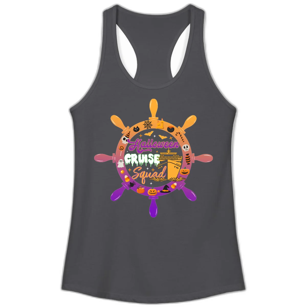 Halloween Cruise Squad Ship Wheel Ladies Tank in Solid Dark Gray