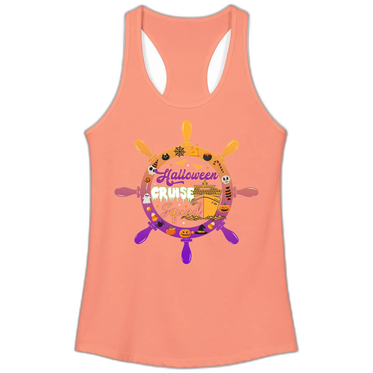Halloween Cruise Squad Ship Wheel Ladies Tank in Solid Light Orange