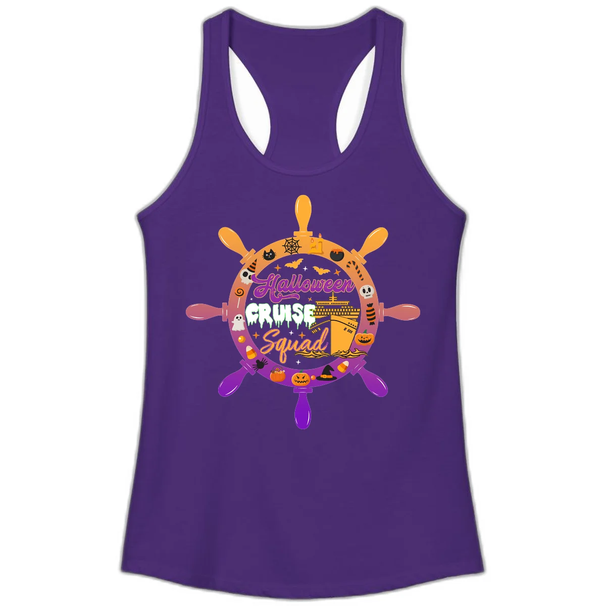 Halloween Cruise Squad Ship Wheel Ladies Tank in Solid Purple Rush