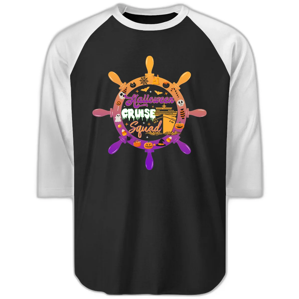 Halloween Cruise Squad Ship Wheel Raglan 3/4 in Black White
