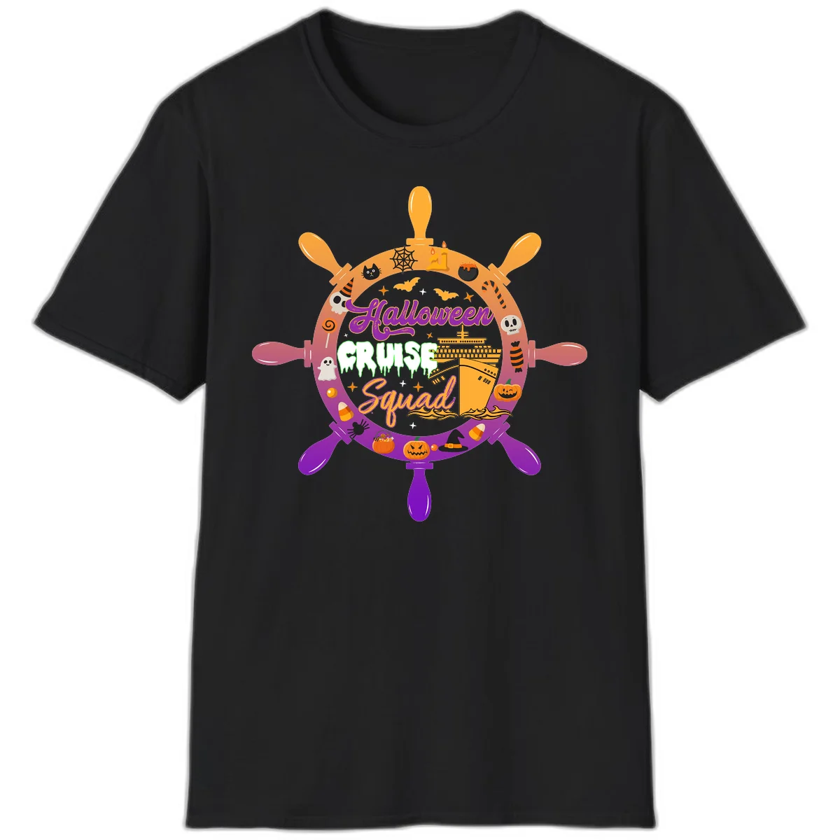 Halloween Cruise Squad Ship Wheel T-Shirt in Black