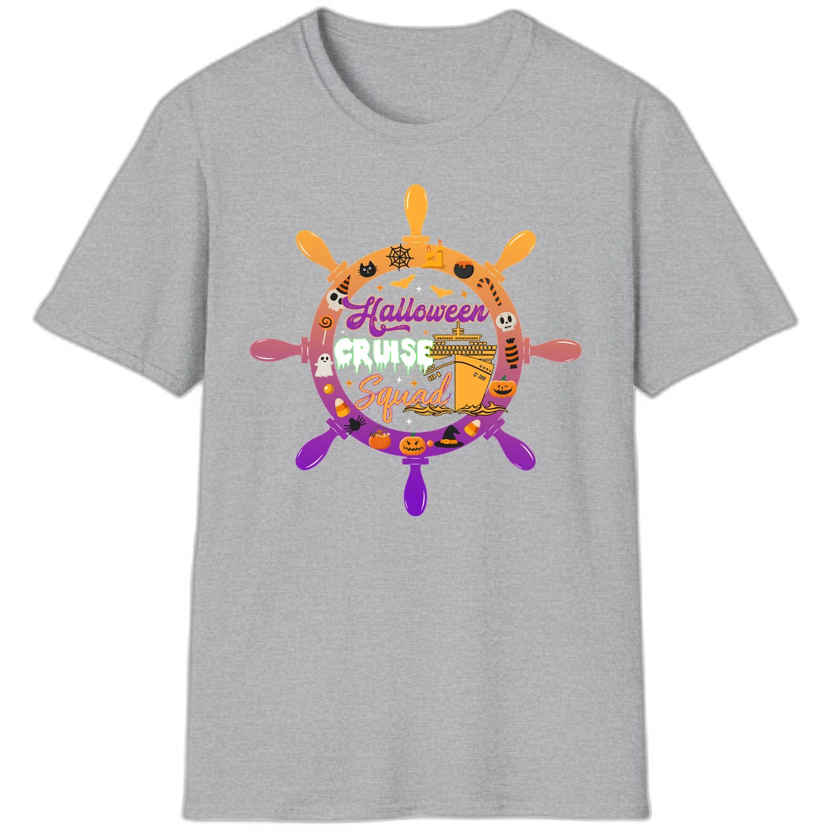 Halloween Cruise Squad Ship Wheel T-Shirt in Sport Grey