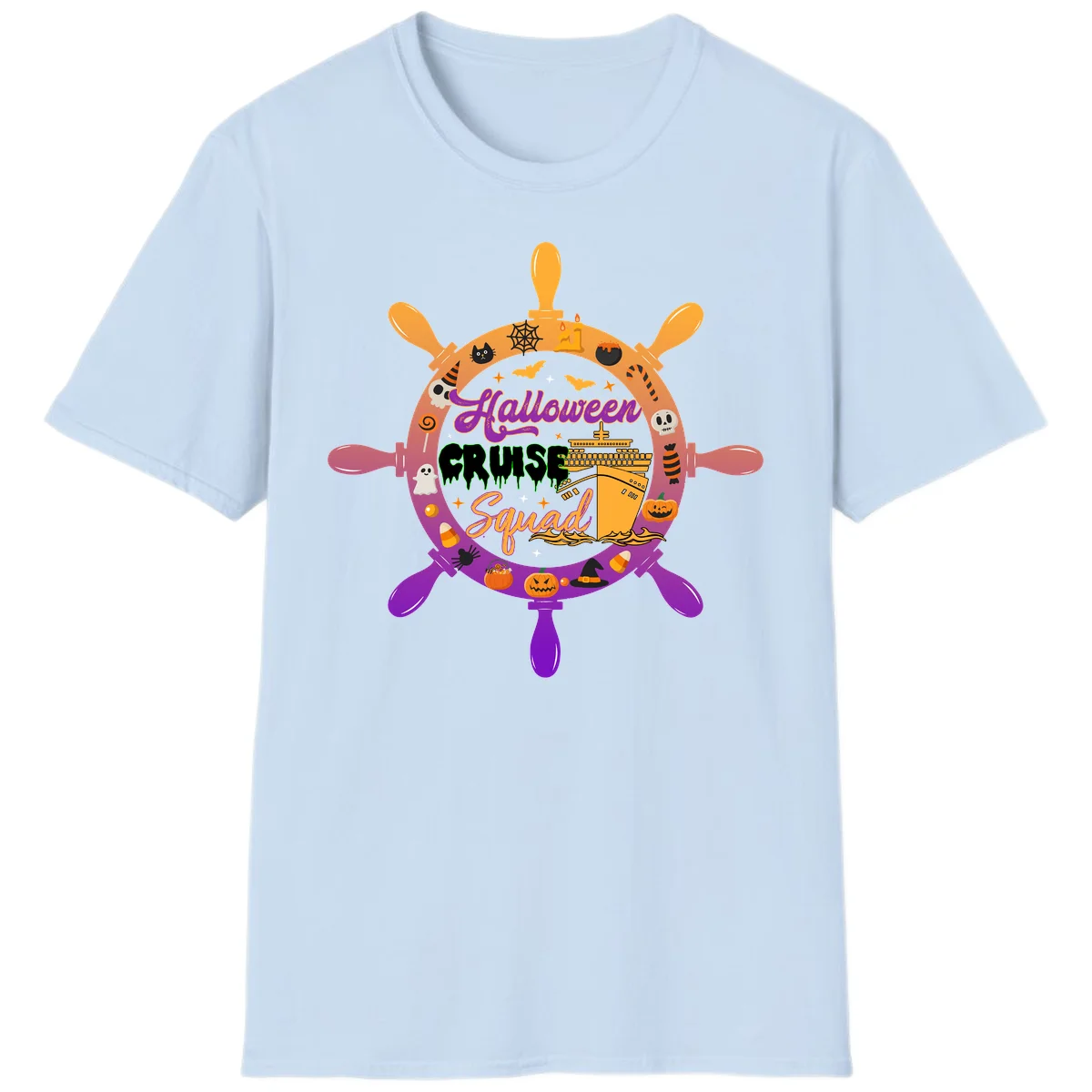 Halloween Cruise Squad Ship Wheel T-Shirt in Light Blue
