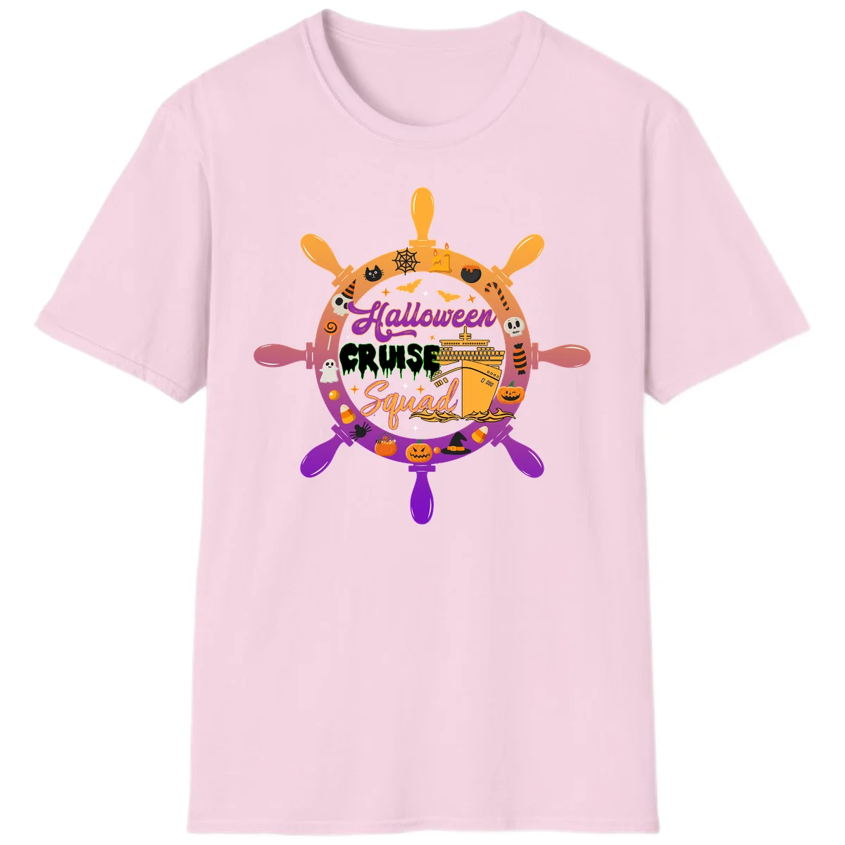 Halloween Cruise Squad Ship Wheel T-Shirt in Light Pink