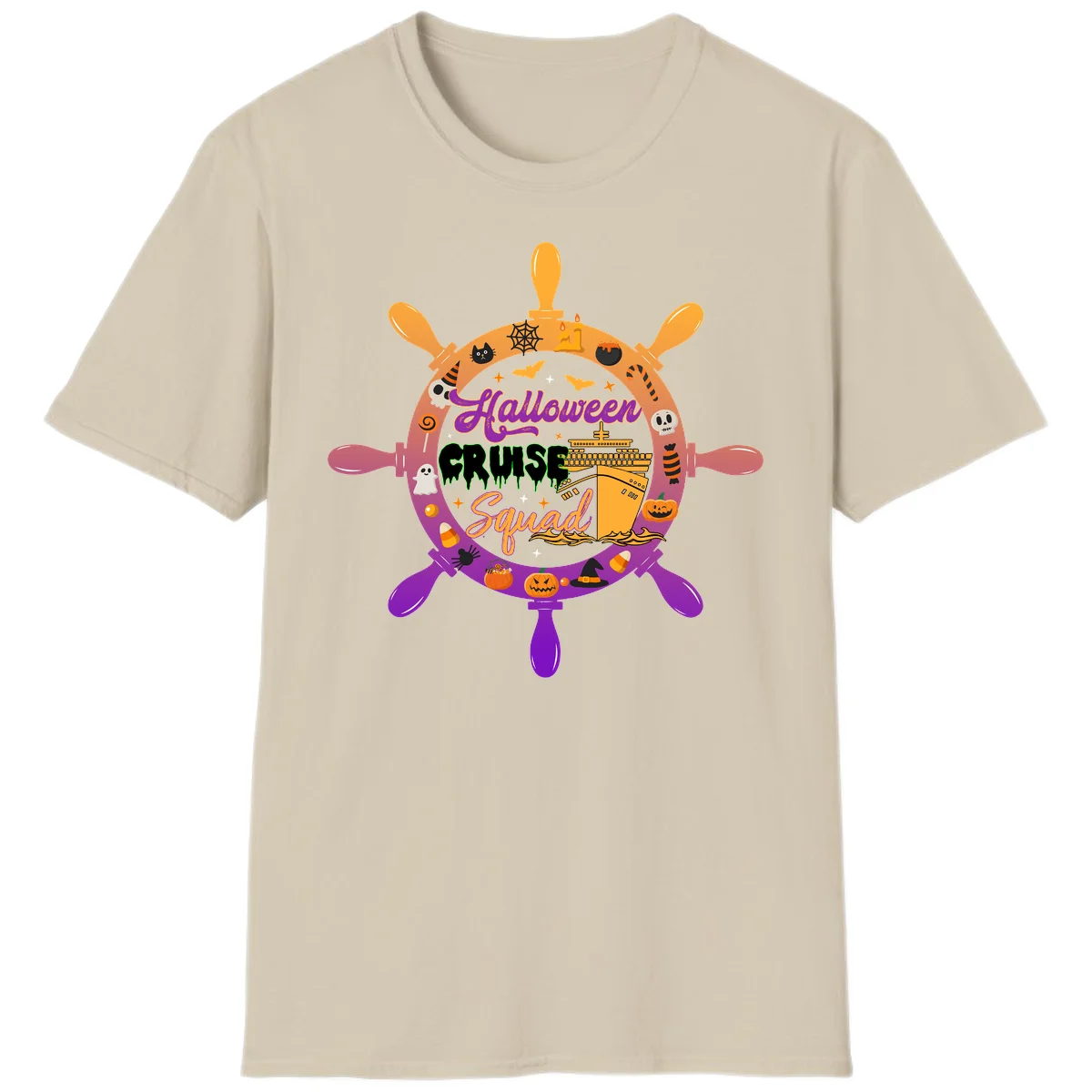 Halloween Cruise Squad Ship Wheel T-Shirt in Sand