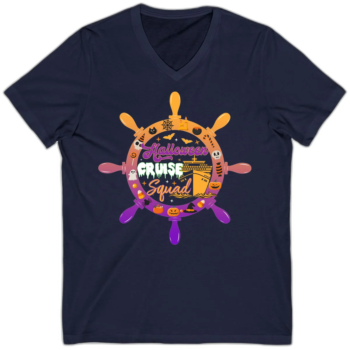 Halloween Cruise Squad Ship Wheel V-Neck in Navy