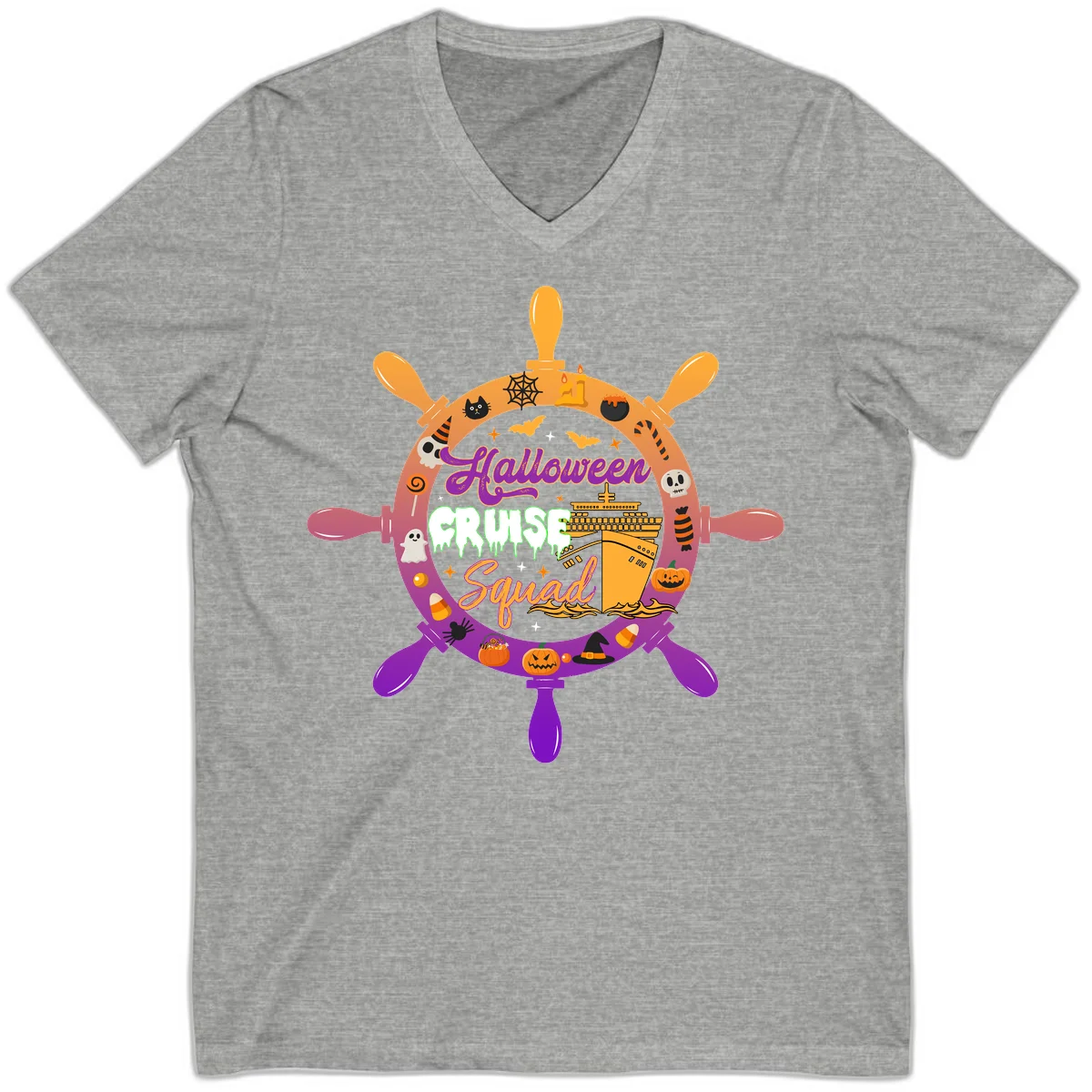 Halloween Cruise Squad Ship Wheel V-Neck in Athletic Heather