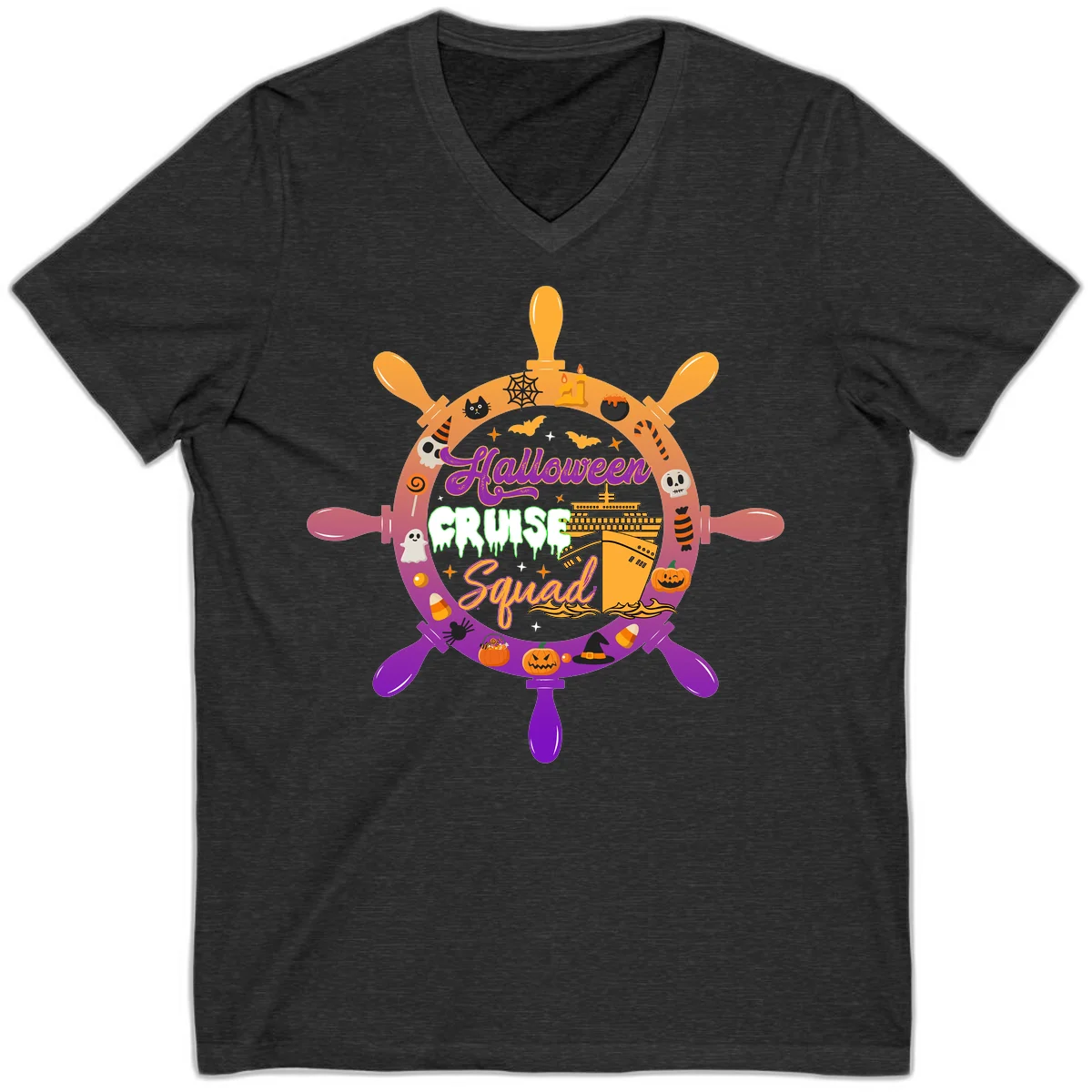 Halloween Cruise Squad Ship Wheel V-Neck in Dark Grey Heather