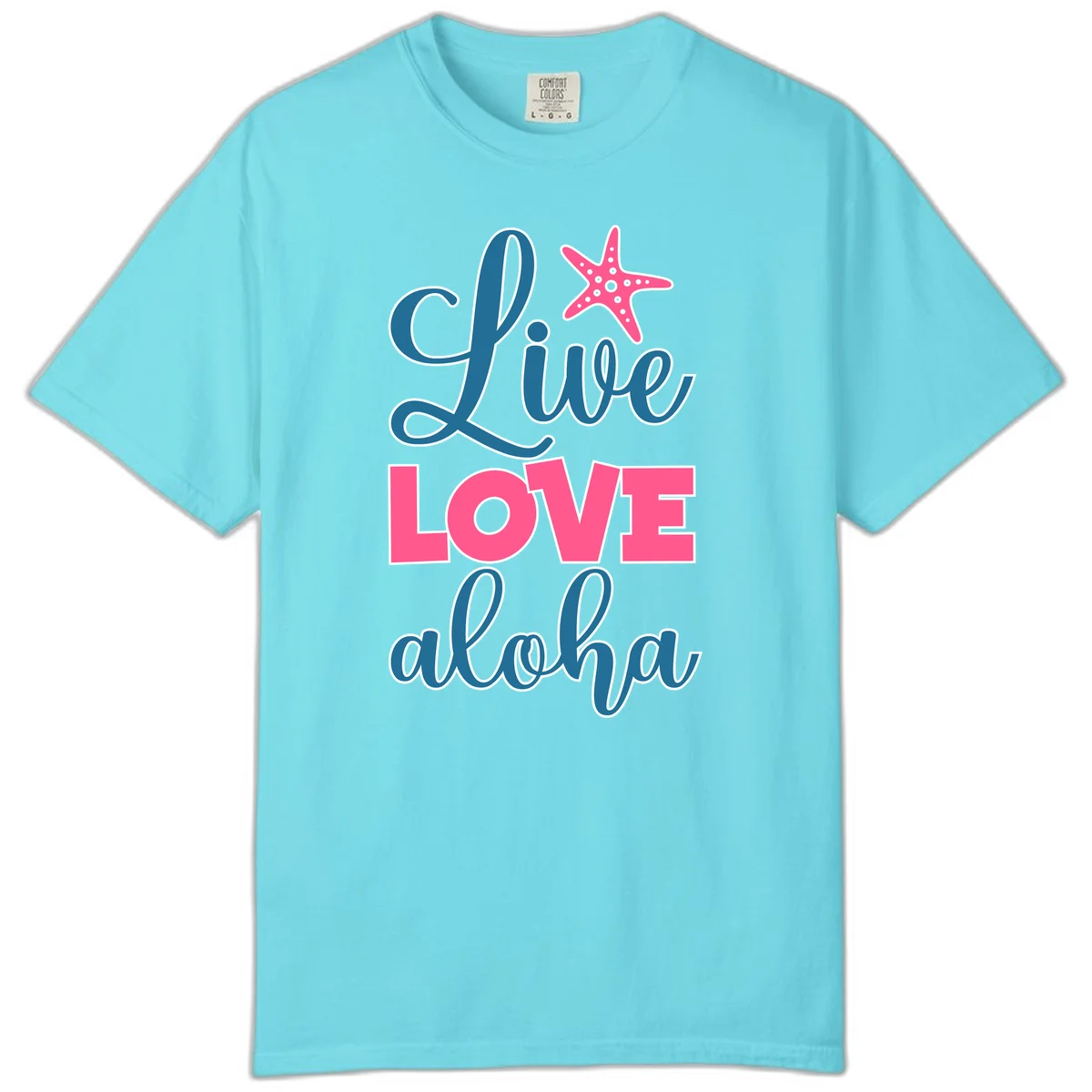 Live Life Aloha Starfish Comfort Color Tee in Lagoon Blue