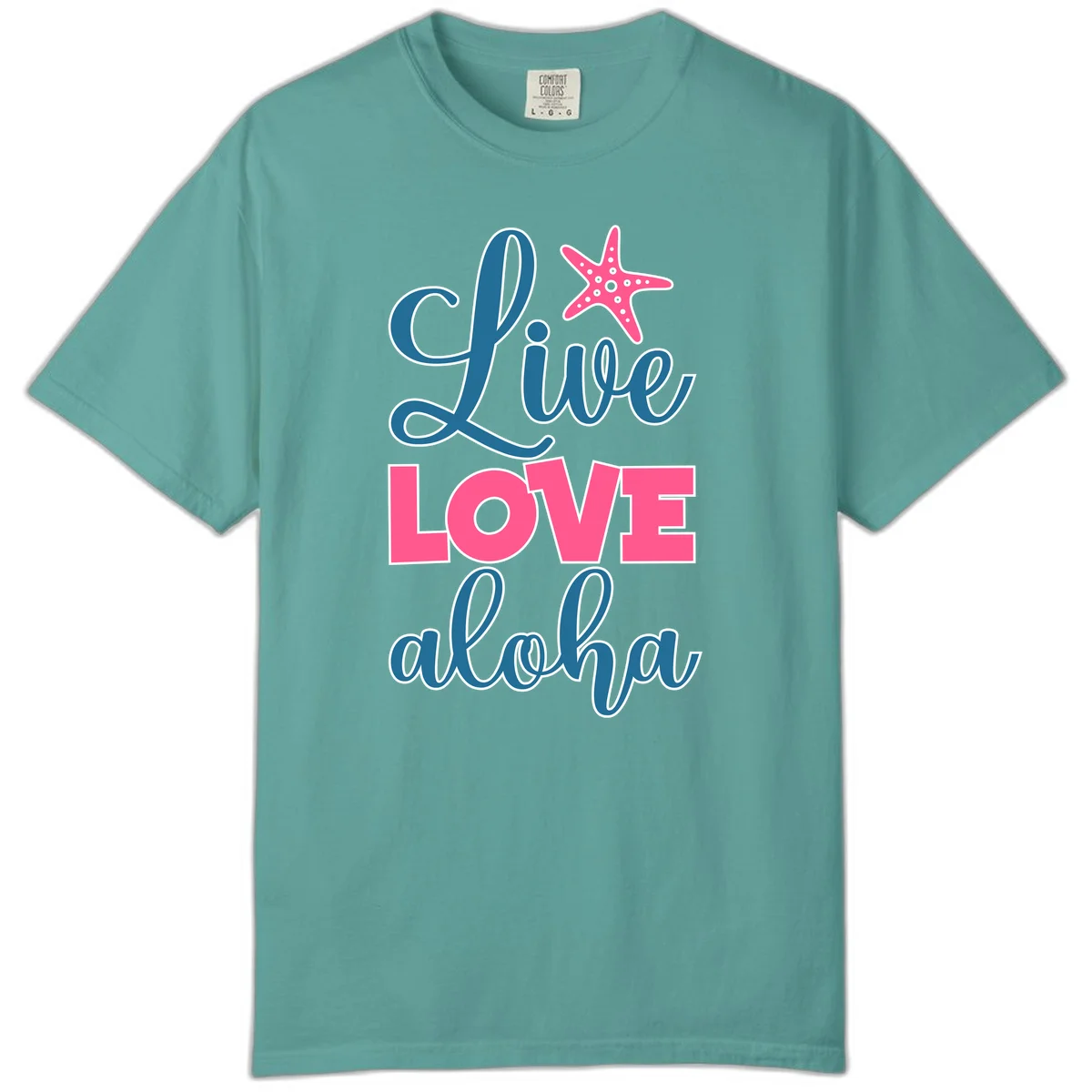 Live Life Aloha Starfish Comfort Color Tee in Seafoam