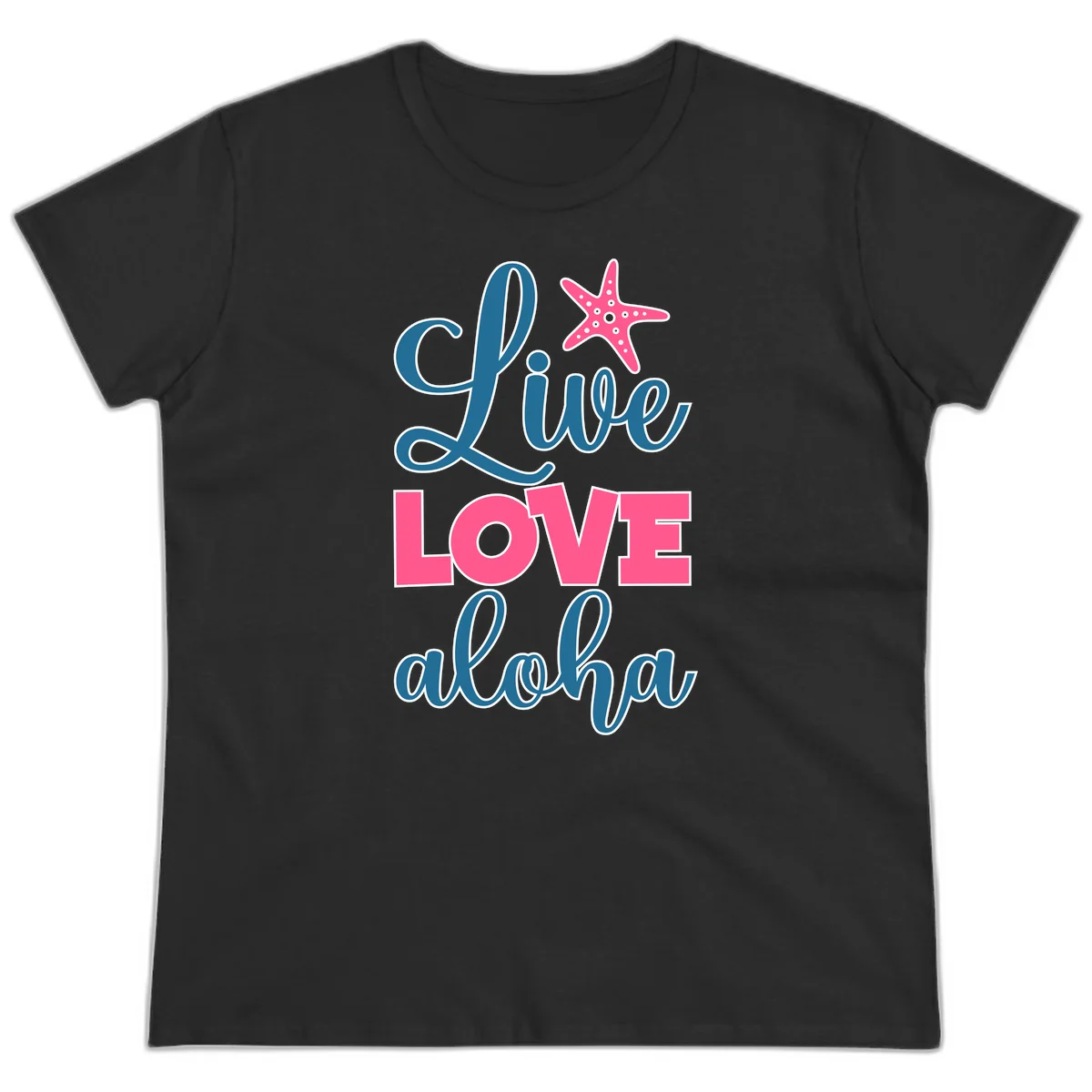 Live Life Aloha Starfish Ladies Tee in Black
