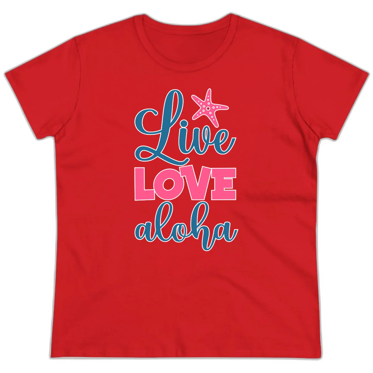 Live Life Aloha Starfish Ladies Tee in Red