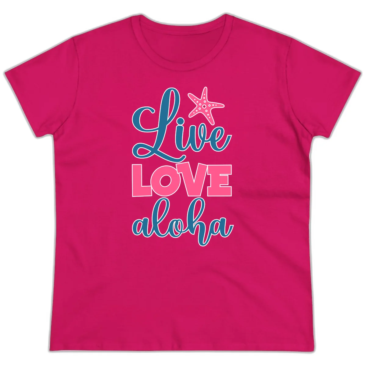 Live Life Aloha Starfish Ladies Tee in Heliconia